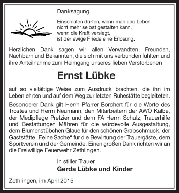 Traueranzeige von Ernst Lübke von Uelzen