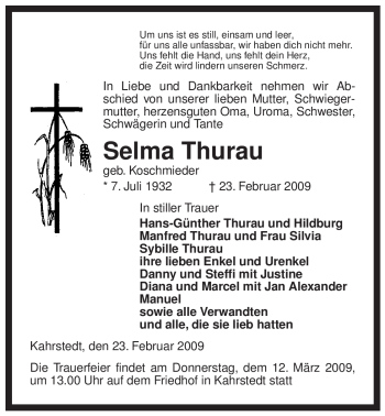 Traueranzeige von Selma Thurau von ALLGEMEINE ZEITUNG UELZEN