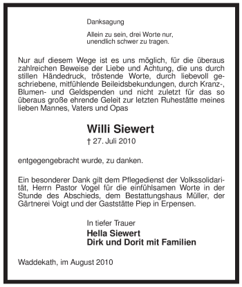 Traueranzeige von Willi Siewert von ALLGEMEINE ZEITUNG UELZEN