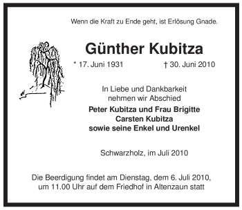 Traueranzeige von Günther Kubitza von ALLGEMEINE ZEITUNG UELZEN