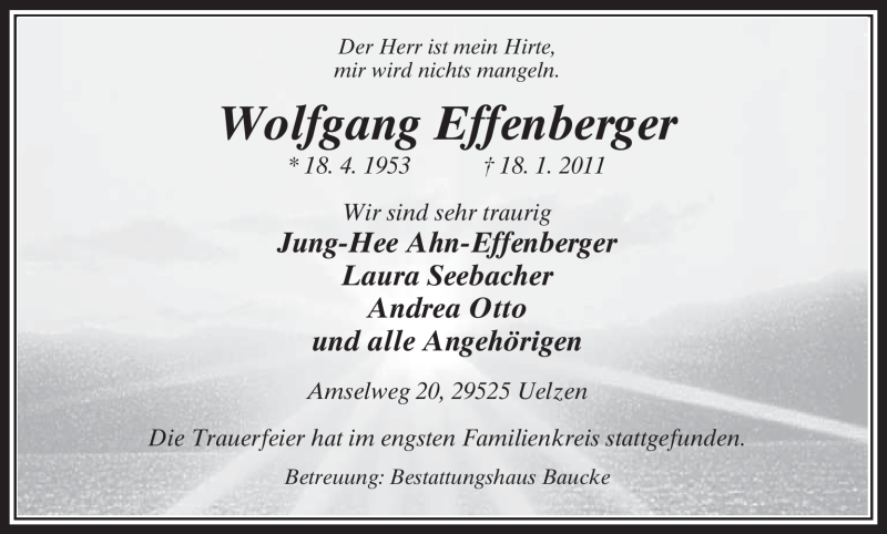  Traueranzeige für Wolfgang Effenberger vom 25.01.2011 aus ALLGEMEINE ZEITUNG UELZEN