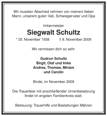 Traueranzeige von Siegwalt Schultz von ALLGEMEINE ZEITUNG UELZEN