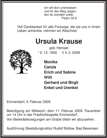 Traueranzeige von Ursula Krause von ALLGEMEINE ZEITUNG UELZEN