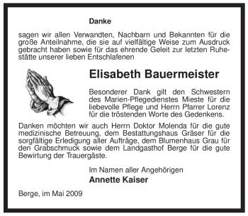 Traueranzeige von Elisabeth Bauermeister von ALLGEMEINE ZEITUNG UELZEN