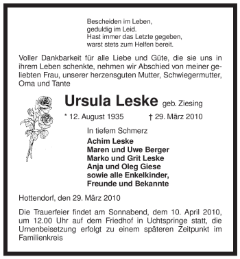 Traueranzeige von Ursula Leske von ALLGEMEINE ZEITUNG UELZEN