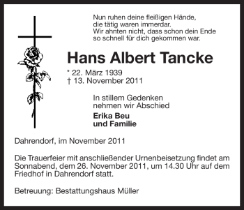 Traueranzeige von Hans Albert Tancke von ALLGEMEINE ZEITUNG UELZEN