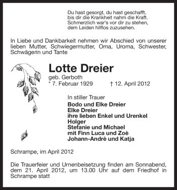 Traueranzeige von Lotte Dreier von ALLGEMEINE ZEITUNG UELZEN