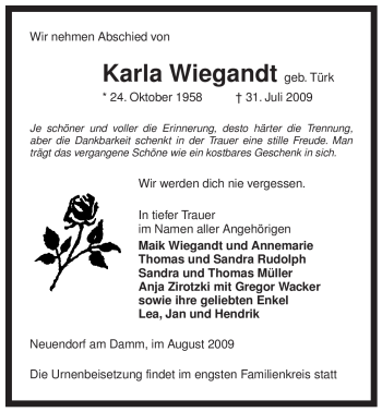 Traueranzeige von Karla Wiegandt von ALLGEMEINE ZEITUNG UELZEN