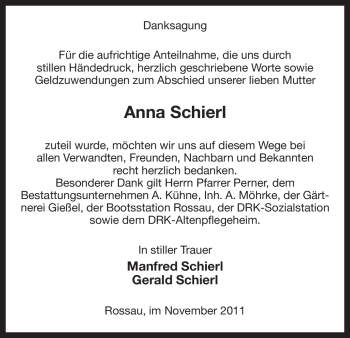 Traueranzeige von Anna Schierl von ALLGEMEINE ZEITUNG UELZEN