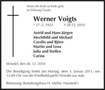 Traueranzeige von Werner Voigts von ALLGEMEINE ZEITUNG UELZEN