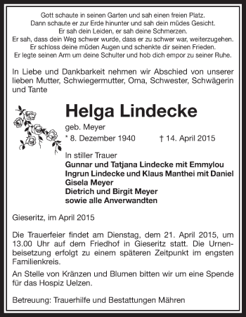 Traueranzeige von Helga Lindecke von Uelzen