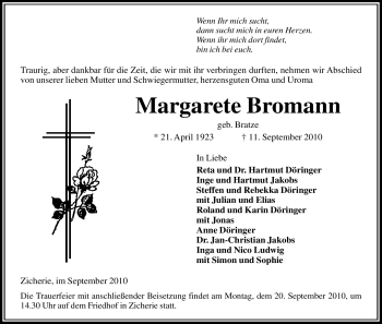 Traueranzeige von Margarete Bromann von ALLGEMEINE ZEITUNG UELZEN