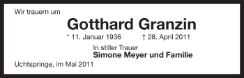 Traueranzeige von Gotthard Granzin von ALLGEMEINE ZEITUNG UELZEN