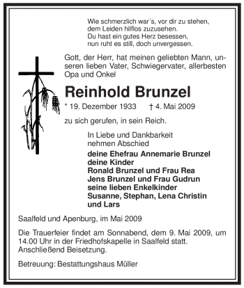 Traueranzeige von Reinhold Brunzel von ALLGEMEINE ZEITUNG UELZEN