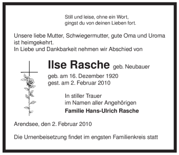 Traueranzeige von Ilse Rasche von ALLGEMEINE ZEITUNG UELZEN
