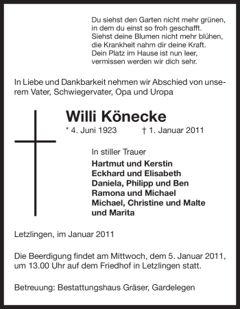 Traueranzeige von Willi Könecke von ALLGEMEINE ZEITUNG UELZEN