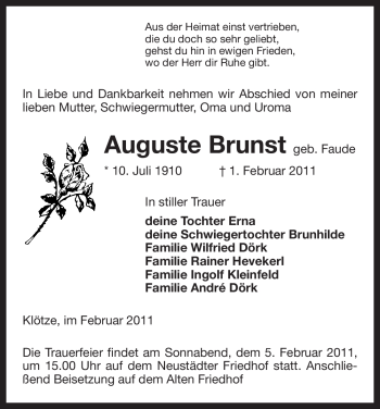 Traueranzeige von Auguste Brunst von ALLGEMEINE ZEITUNG UELZEN