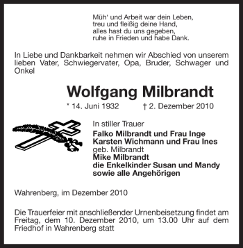 Traueranzeige von Wolfgang Milbrandt von ALLGEMEINE ZEITUNG UELZEN