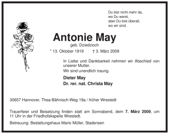 Traueranzeige von Antonie May von ALLGEMEINE ZEITUNG UELZEN