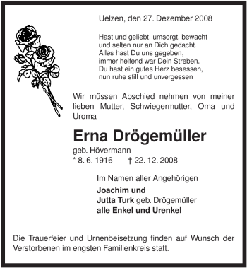 Traueranzeige von Erna Drögemüller von ALLGEMEINE ZEITUNG UELZEN