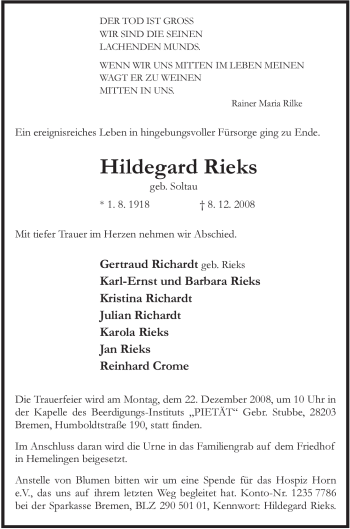 Traueranzeige von Hildegard Rieks von ALLGEMEINE ZEITUNG UELZEN