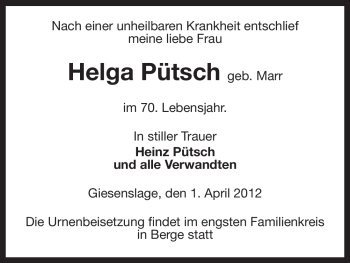 Traueranzeige von Helga Pütsch von ALLGEMEINE ZEITUNG UELZEN