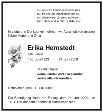 Traueranzeige von Erika Hemstedt von ALLGEMEINE ZEITUNG UELZEN