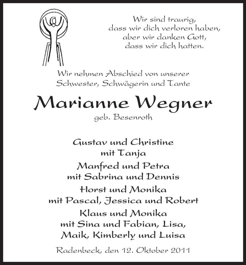  Traueranzeige für Marianne Wegner vom 12.10.2011 aus ALLGEMEINE ZEITUNG UELZEN