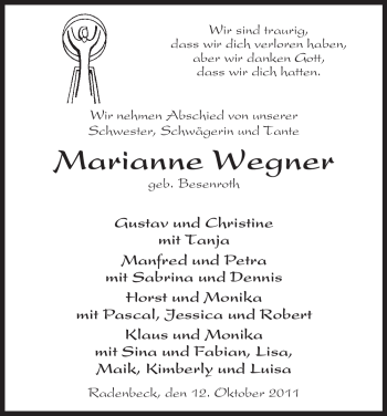 Traueranzeige von Marianne Wegner von ALLGEMEINE ZEITUNG UELZEN