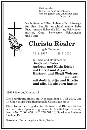 Traueranzeige von Christa Rösler von ALLGEMEINE ZEITUNG UELZEN