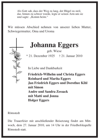 Traueranzeige von Johanna Eggers von ALLGEMEINE ZEITUNG UELZEN