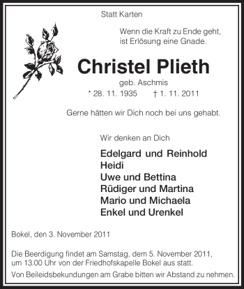 Traueranzeige von Christel Plieth von ALLGEMEINE ZEITUNG UELZEN