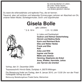 Traueranzeige von Gisela Bolle von ALLGEMEINE ZEITUNG UELZEN