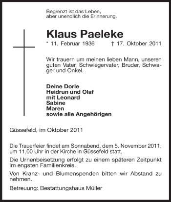 Traueranzeige von Klaus Paeleke von ALLGEMEINE ZEITUNG UELZEN