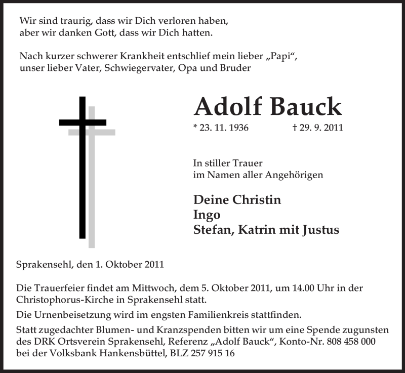  Traueranzeige für Adolf Bauck vom 01.10.2011 aus ALLGEMEINE ZEITUNG UELZEN