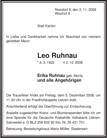 Traueranzeige von Leo Ruhnau von ALLGEMEINE ZEITUNG UELZEN