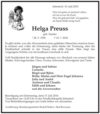 Traueranzeige von Helga Preuss von ALLGEMEINE ZEITUNG UELZEN