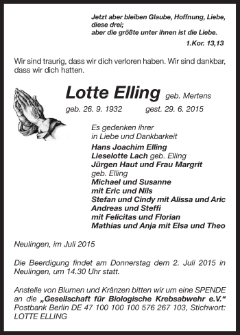 Traueranzeige von Lotte Elling von Uelzen