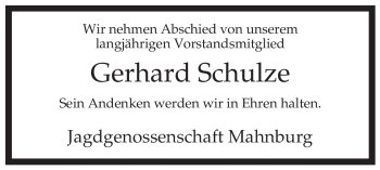 Traueranzeige von Gerhard Schulze von ALLGEMEINE ZEITUNG UELZEN