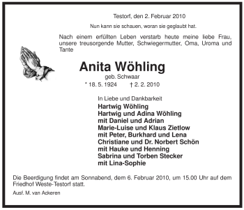 Traueranzeige von Anita Wöhling von ALLGEMEINE ZEITUNG UELZEN