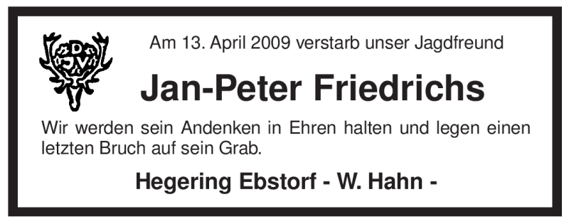  Traueranzeige für Jan-Peter Friedrichs vom 16.04.2009 aus ALLGEMEINE ZEITUNG UELZEN