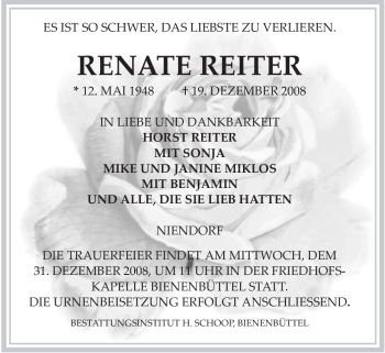 Traueranzeige von Renate Reiter von ALLGEMEINE ZEITUNG UELZEN