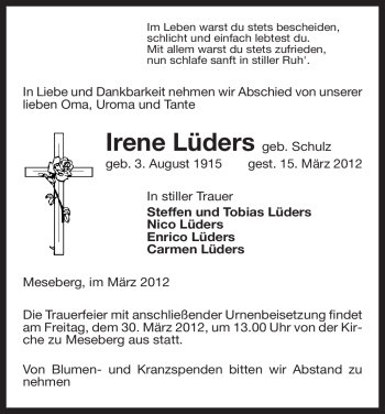 Traueranzeige von Irene Lüders von ALLGEMEINE ZEITUNG UELZEN