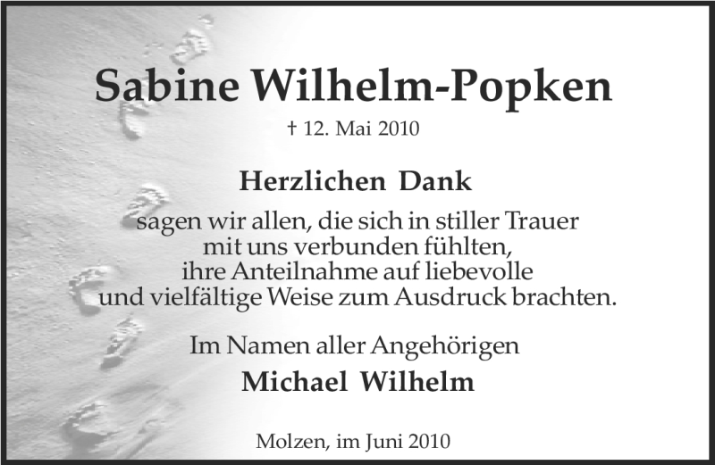  Traueranzeige für Sabine Wilhelm-Popken vom 05.06.2010 aus ALLGEMEINE ZEITUNG UELZEN