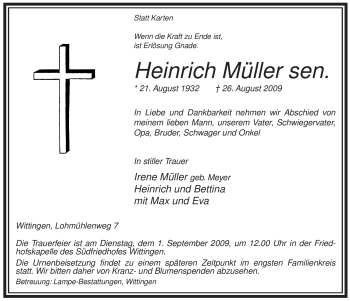 Traueranzeige von Heinrich Müller sen. von ALLGEMEINE ZEITUNG UELZEN