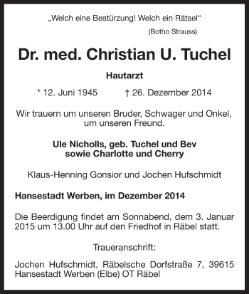 Traueranzeige von Christian Tuchel von Uelzen