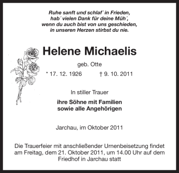 Traueranzeige von Helene Michaelis von ALLGEMEINE ZEITUNG UELZEN