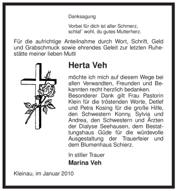 Traueranzeige von Herta Veh von ALLGEMEINE ZEITUNG UELZEN