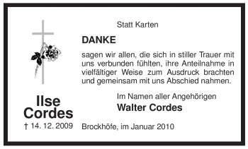 Traueranzeige von Ilse Cordes von ALLGEMEINE ZEITUNG UELZEN