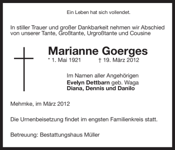 Traueranzeige von Marianne Goerges von ALLGEMEINE ZEITUNG UELZEN